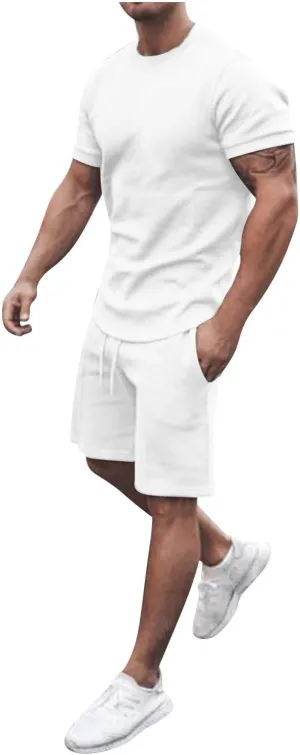 Men 2 Piece Outfits Summer Casual Crew Neck Muscle Short Sleeve Tee Shirts and Classic Fit Sport Shorts Set Tracksuit