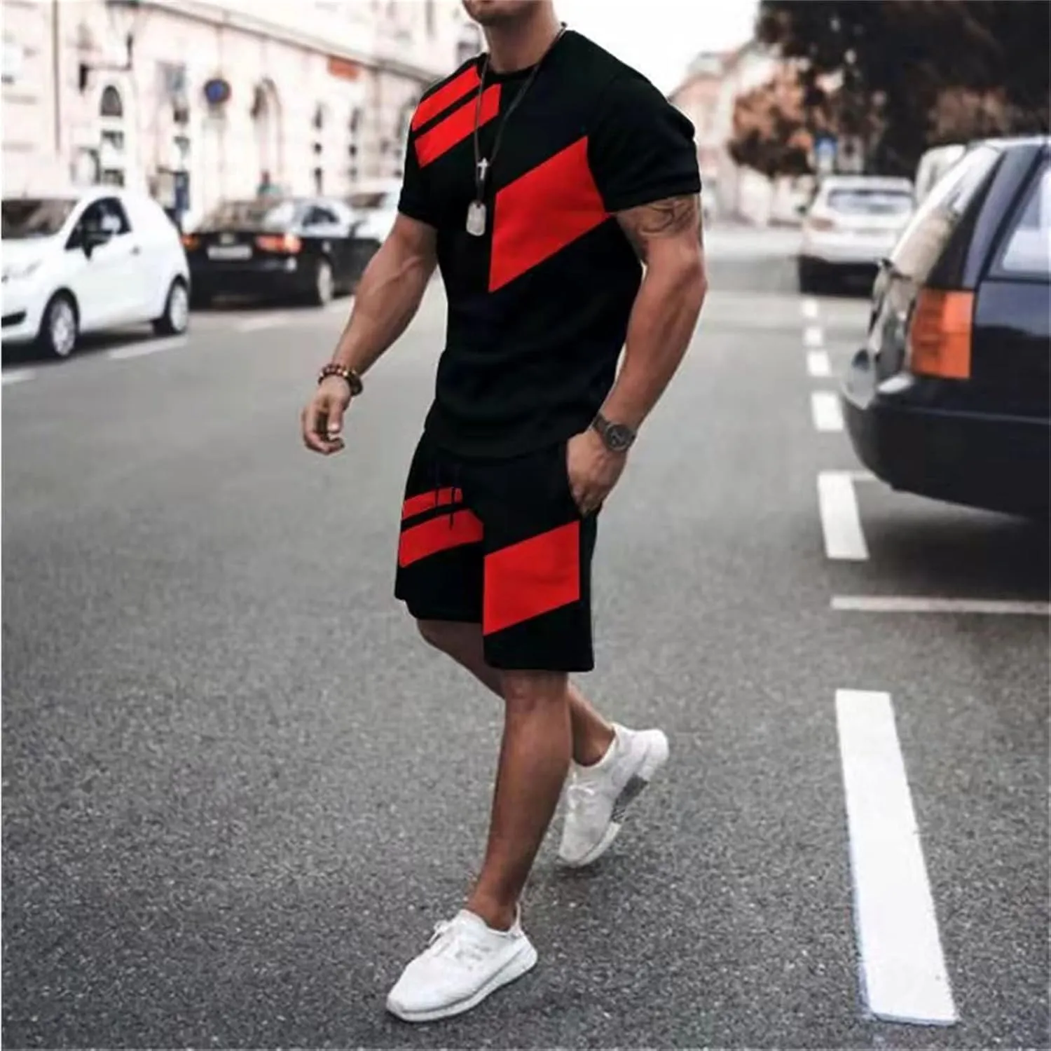 Men 2 Piece Outfits Summer Casual Crew Neck Muscle Short Sleeve Tee Shirts and Classic Fit Sport Shorts Set Tracksuit