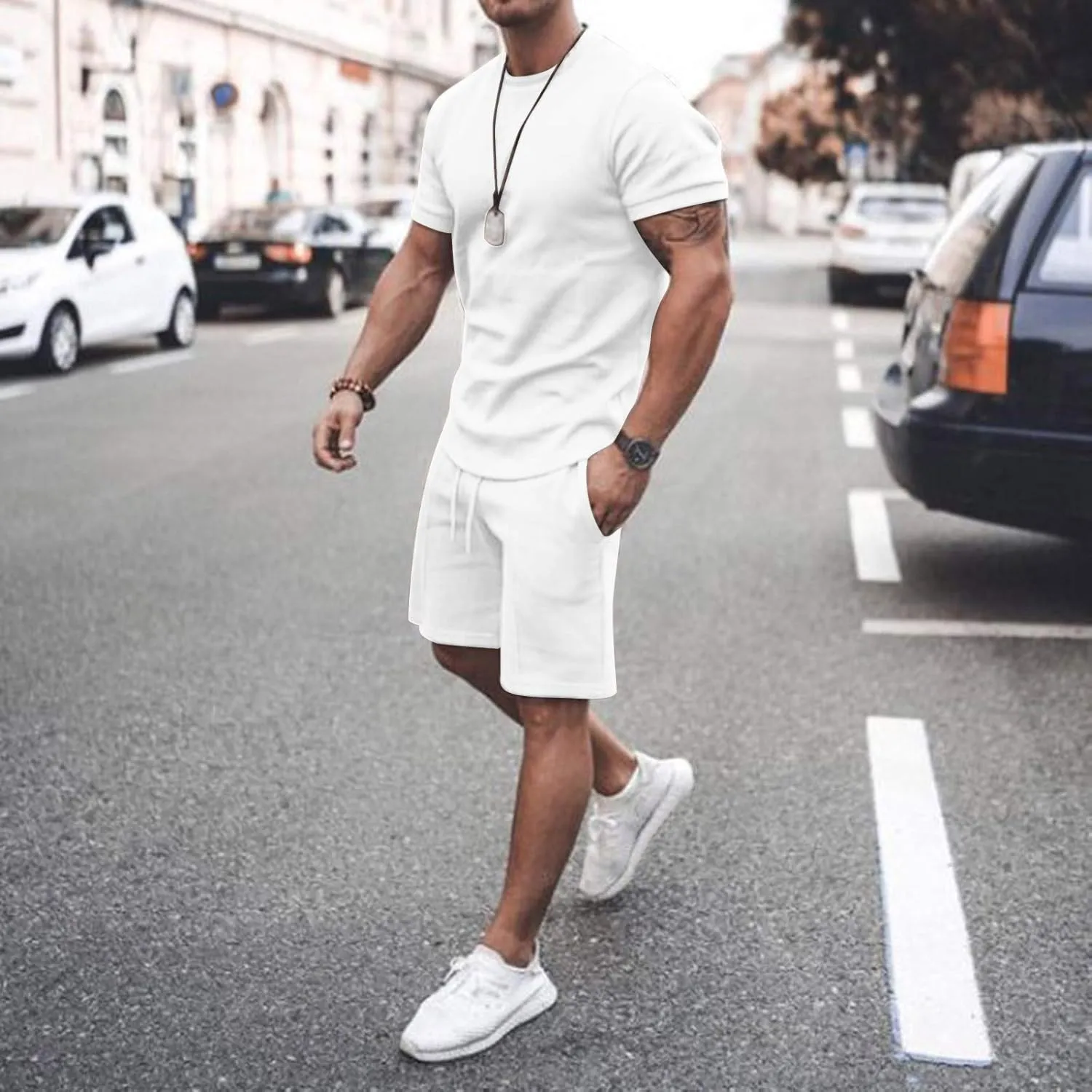 Men 2 Piece Outfits Summer Casual Crew Neck Muscle Short Sleeve Tee Shirts and Classic Fit Sport Shorts Set Tracksuit