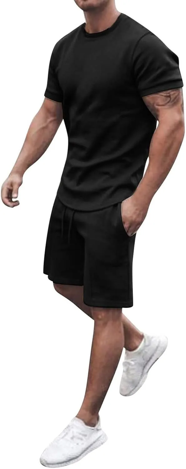Men 2 Piece Outfits Summer Casual Crew Neck Muscle Short Sleeve Tee Shirts and Classic Fit Sport Shorts Set Tracksuit