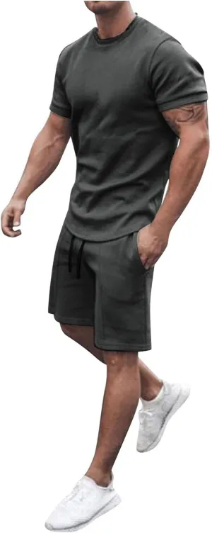 Men 2 Piece Outfits Summer Casual Crew Neck Muscle Short Sleeve Tee Shirts and Classic Fit Sport Shorts Set Tracksuit