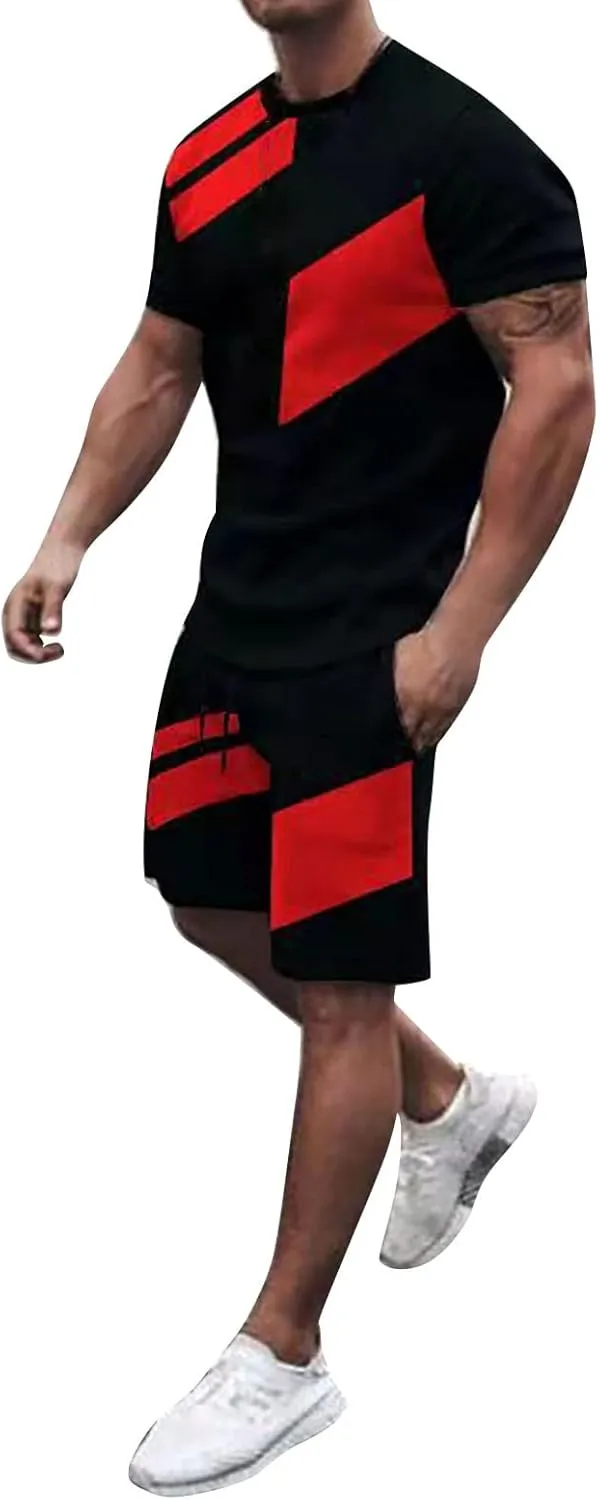 Men 2 Piece Outfits Summer Casual Crew Neck Muscle Short Sleeve Tee Shirts and Classic Fit Sport Shorts Set Tracksuit