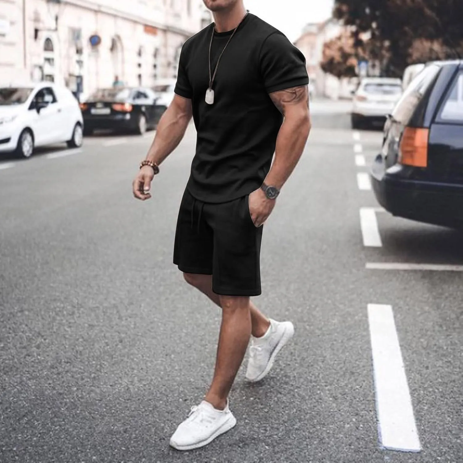 Men 2 Piece Outfits Summer Casual Crew Neck Muscle Short Sleeve Tee Shirts and Classic Fit Sport Shorts Set Tracksuit