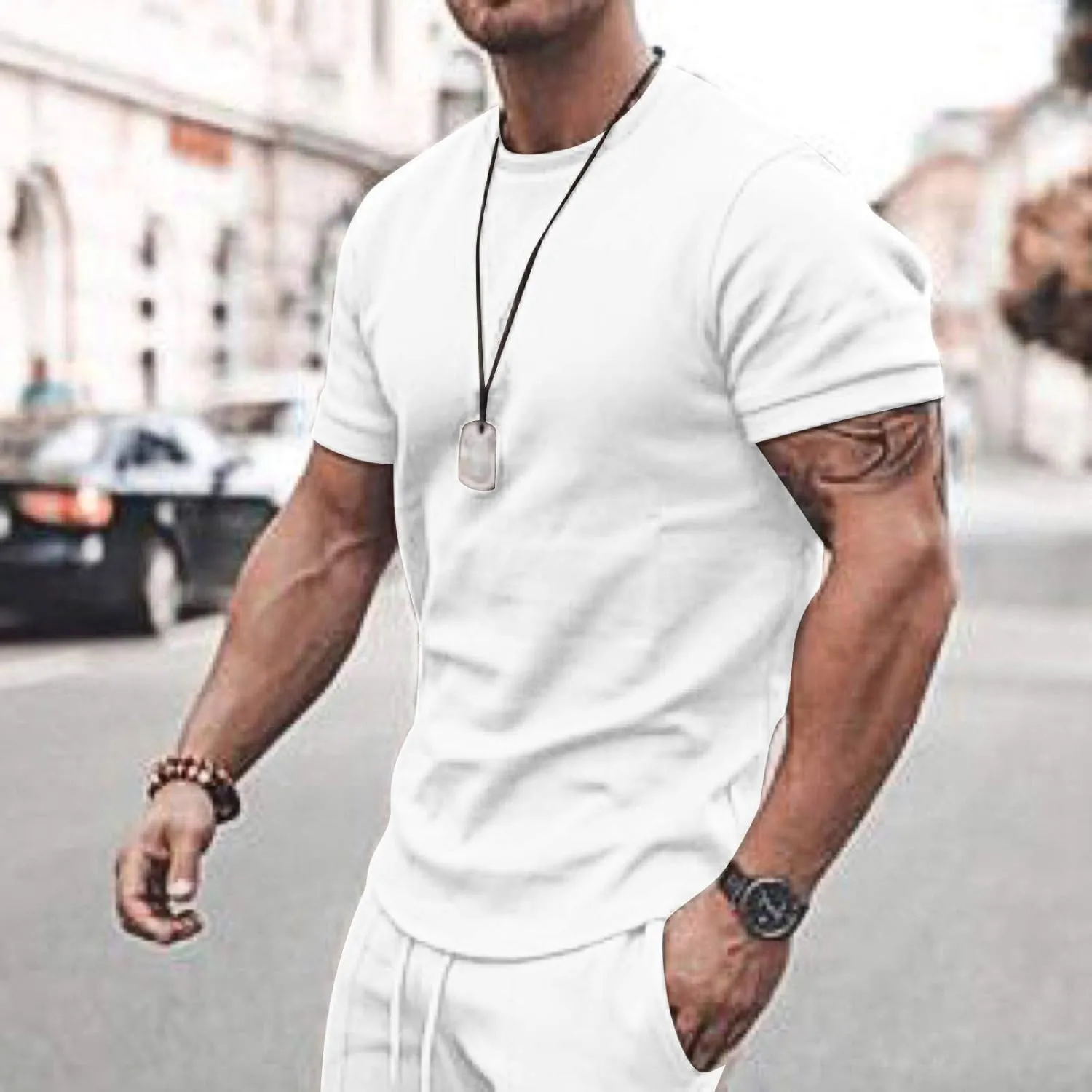 Men 2 Piece Outfits Summer Casual Crew Neck Muscle Short Sleeve Tee Shirts and Classic Fit Sport Shorts Set Tracksuit