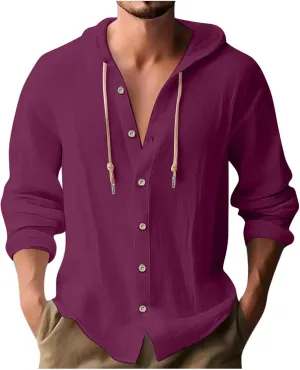 Men Casual Button Down Shirts Long Sleeve Hooded Pollover Tops Fashion Solid Cotton Linen Shirts Quick Dry