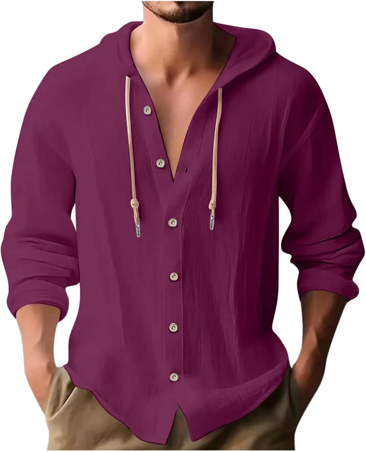 Men Casual Button Down Shirts Long Sleeve Hooded Pollover Tops Fashion Solid Cotton Linen Shirts Quick Dry