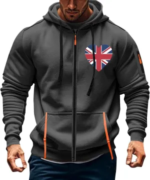 Men Casual Hoodies with Zip Pockets American Flag Print Full Zip Long Sleeve Sweatshirt Sports Hooded Jacket