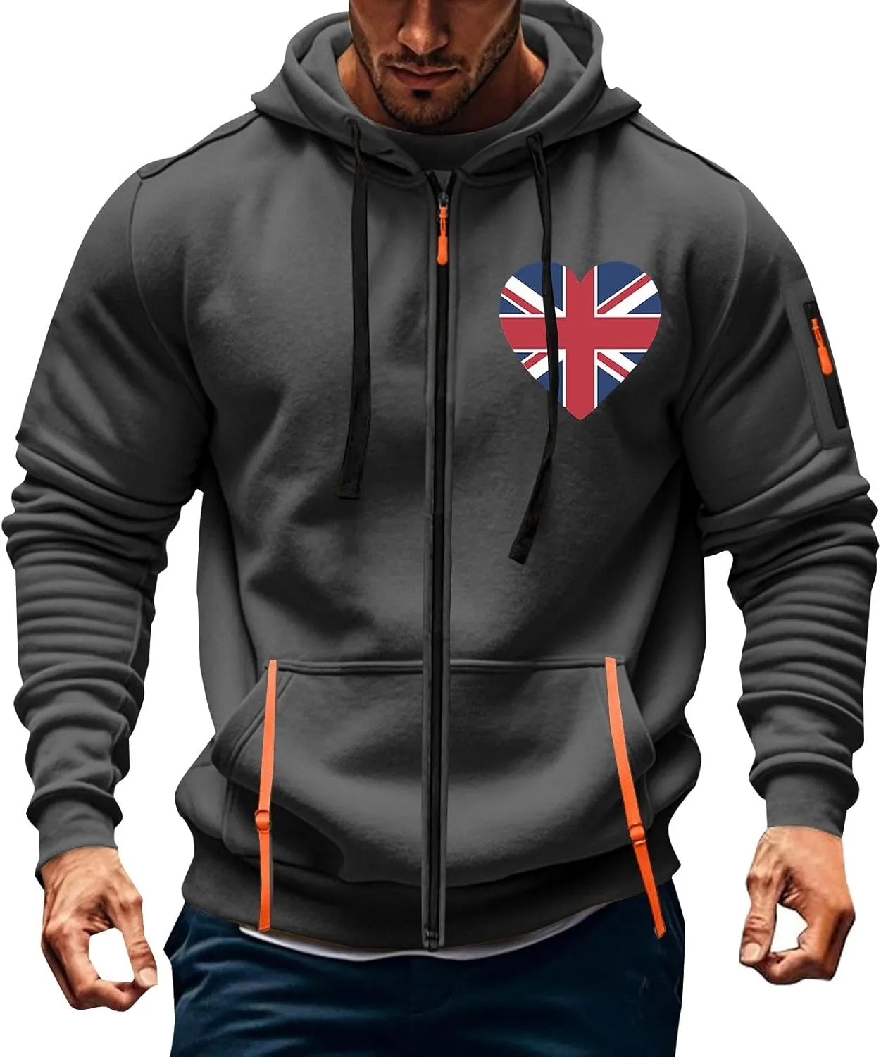 Men Casual Hoodies with Zip Pockets American Flag Print Full Zip Long Sleeve Sweatshirt Sports Hooded Jacket