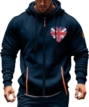 Men Casual Hoodies with Zip Pockets American Flag Print Full Zip Long Sleeve Sweatshirt Sports Hooded Jacket