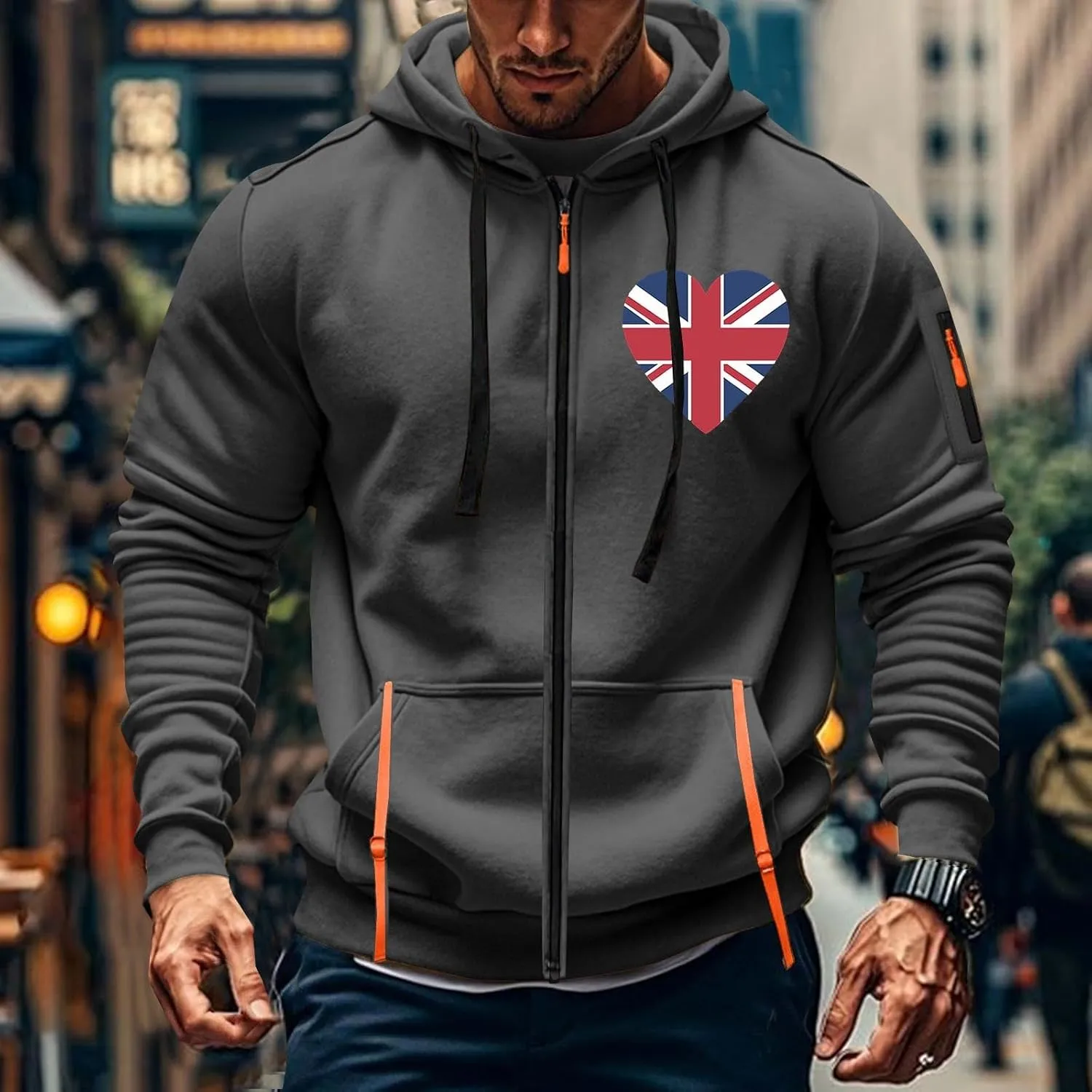 Men Casual Hoodies with Zip Pockets American Flag Print Full Zip Long Sleeve Sweatshirt Sports Hooded Jacket