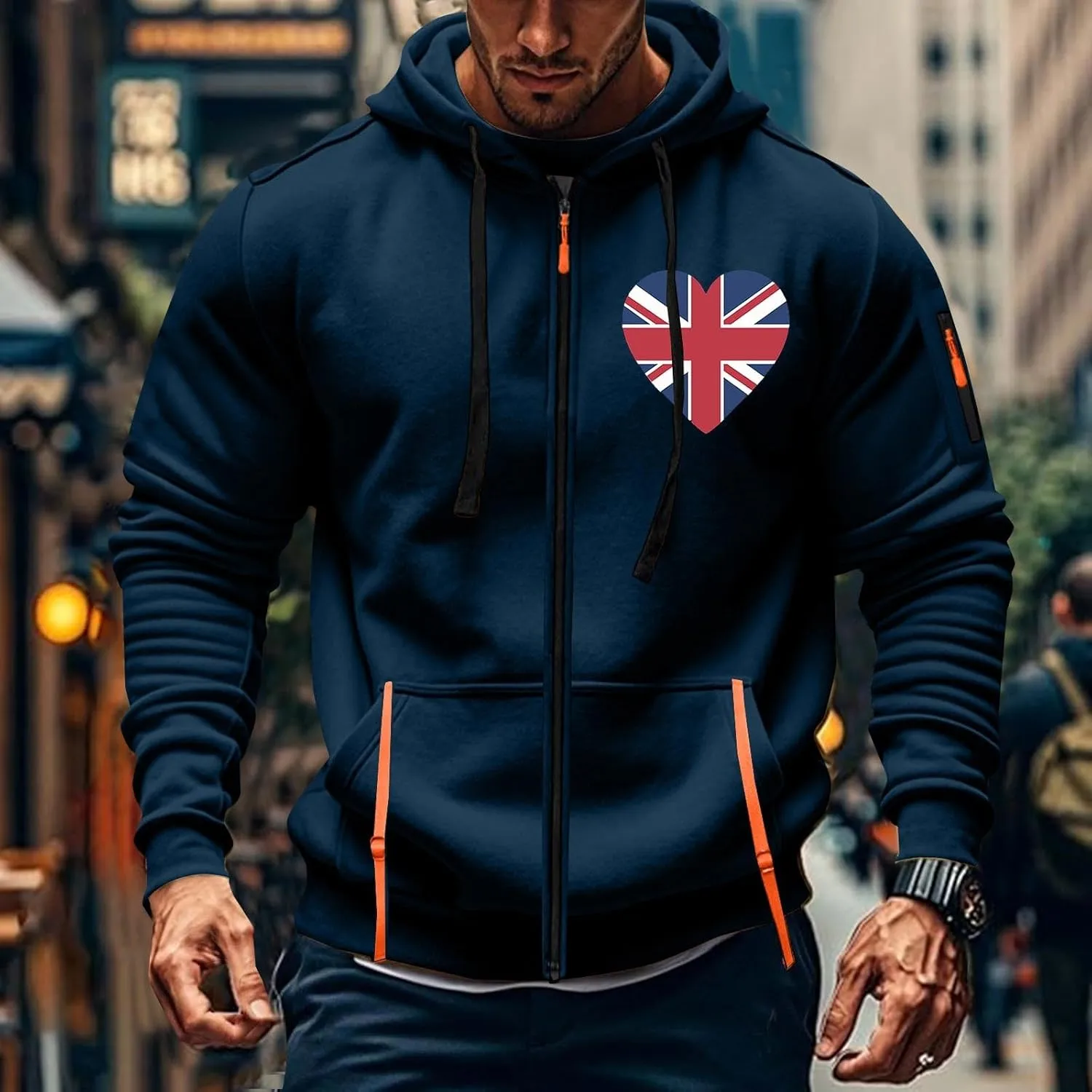 Men Casual Hoodies with Zip Pockets American Flag Print Full Zip Long Sleeve Sweatshirt Sports Hooded Jacket