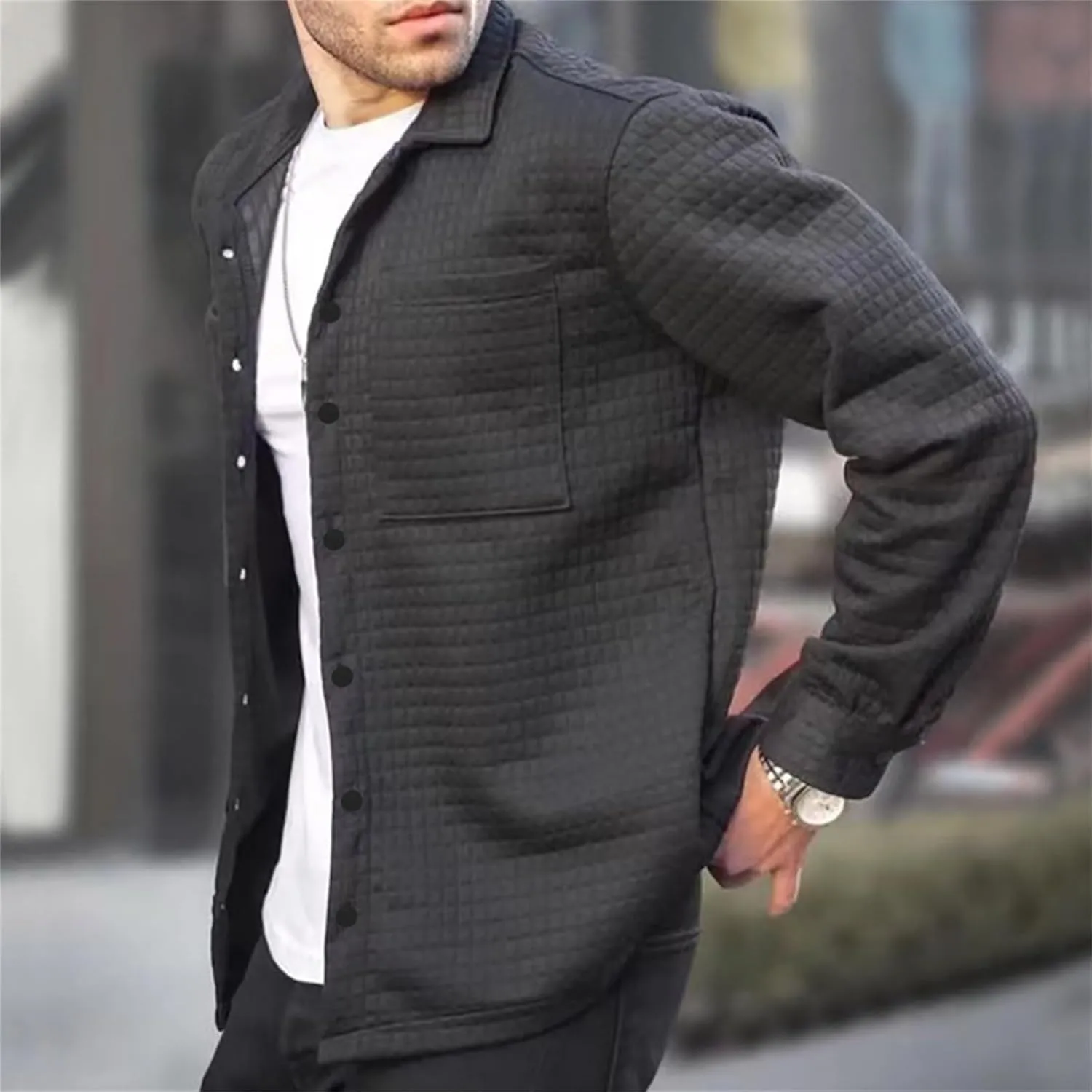 Men Casual Plaid Shirt Long Sleeve Lapel Button Cotton Casual Coat Outdoor Sport Travel Daily Clothes with Pocket