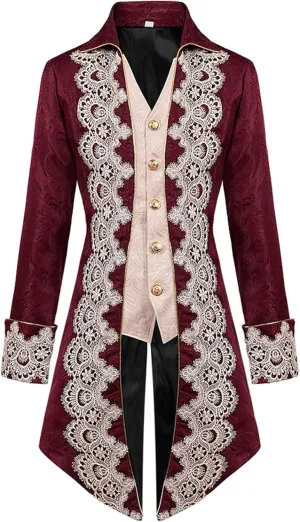 Men Embroidery Steampunk Tailcoat Jackets Turn Down Collar Button Jacket Gothic Victorian Frock Coat Halloween Costume