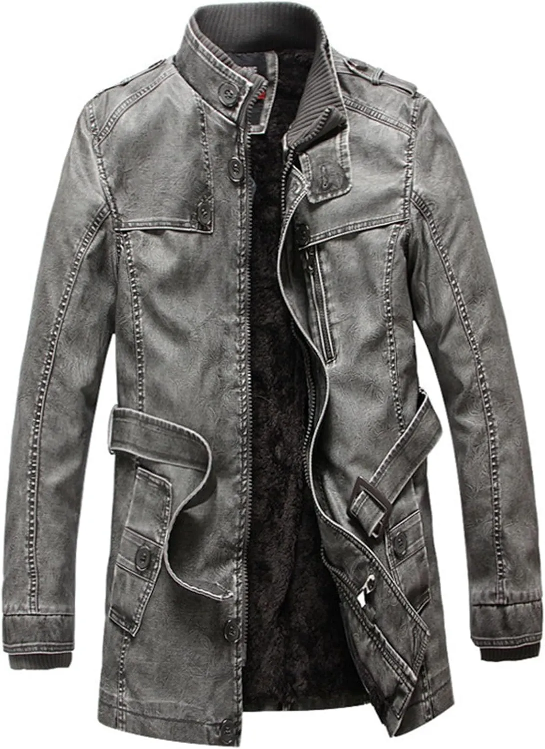 Men Faux Leather Jackets Vintage Distressed Zipper Button Biker Coat Lightweight Racer Motorcycle Jackets with Belt