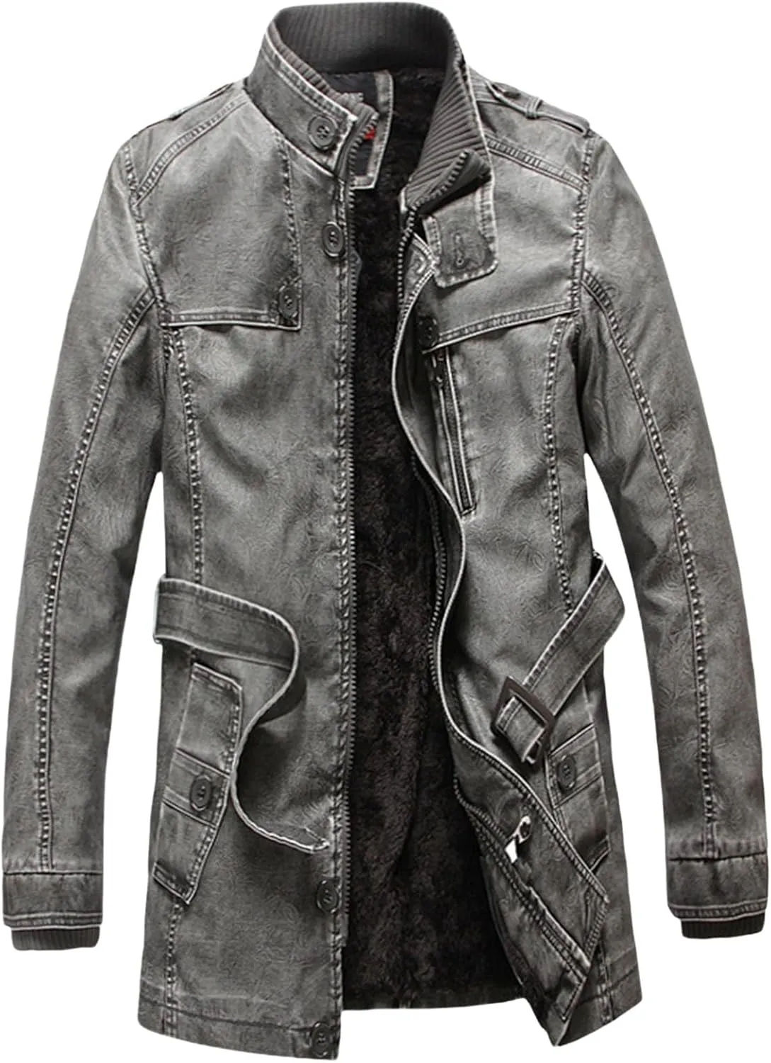 Men Faux Leather Jackets Vintage Distressed Zipper Button Biker Coat Lightweight Racer Motorcycle Jackets with Belt
