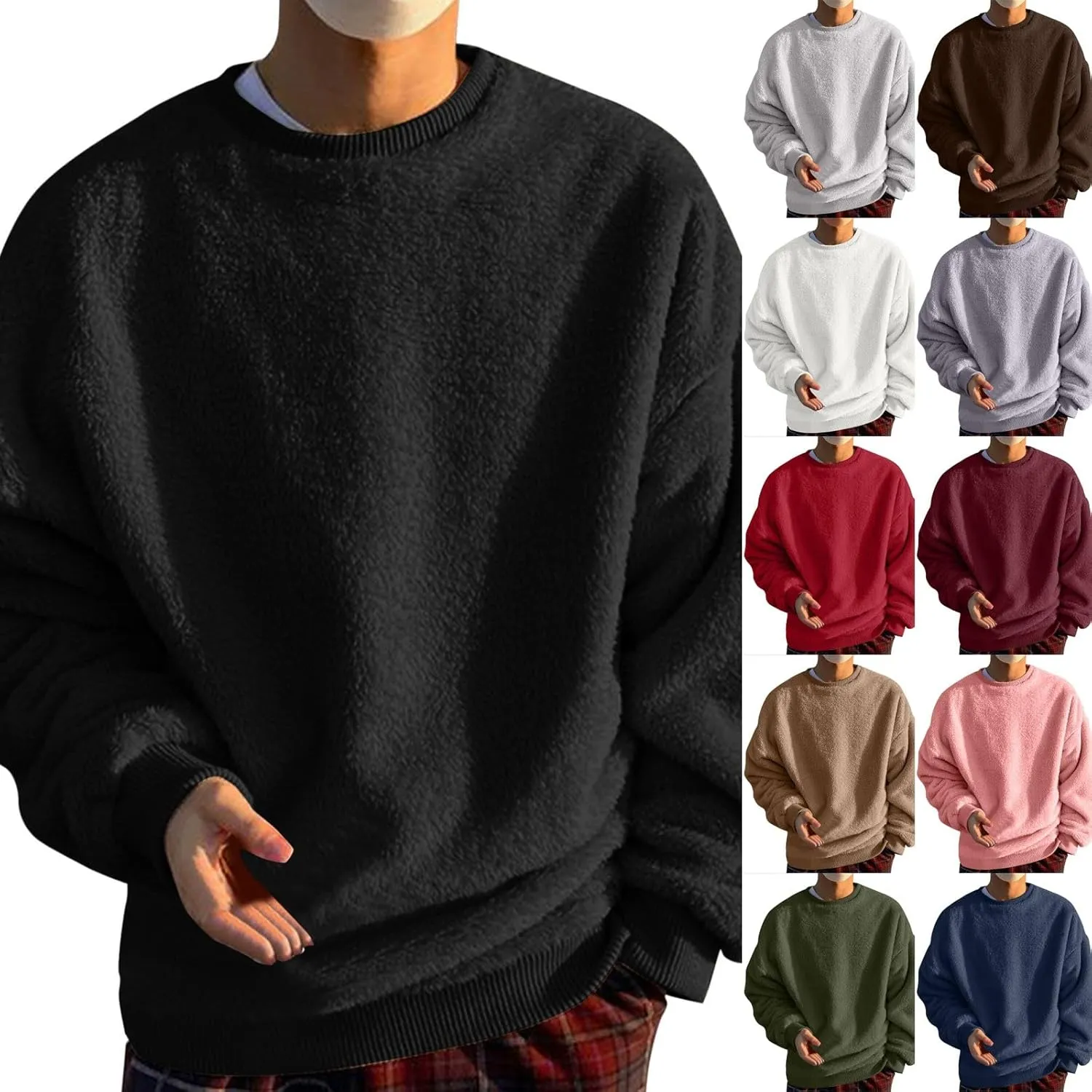 Men Fuzzy Plush Casual Sweatshirt Fleece Sherpa Crewneck Long Sleeve Pullover Winter Solid Color Loose Warm Soft Sweater Tops