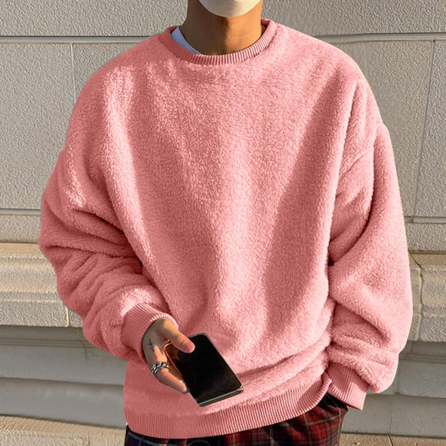 Men Fuzzy Plush Casual Sweatshirt Fleece Sherpa Crewneck Long Sleeve Pullover Winter Solid Color Loose Warm Soft Sweater Tops