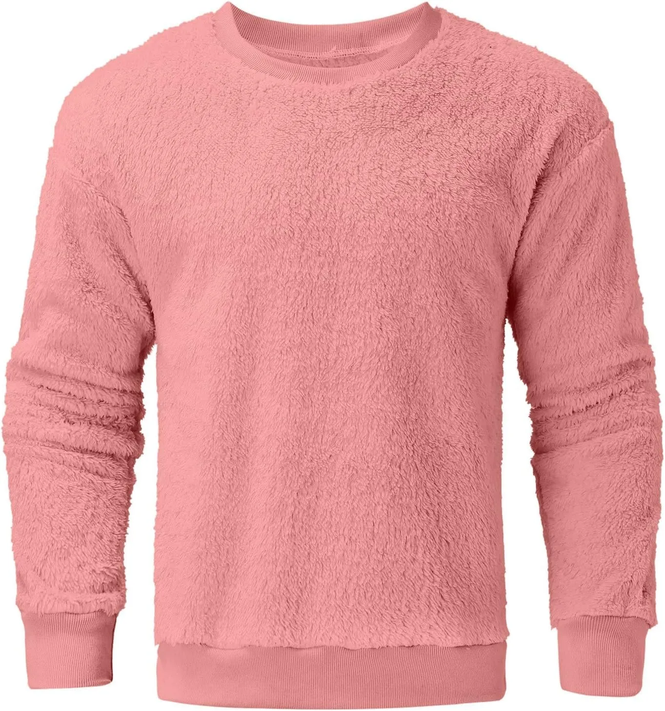 Men Fuzzy Plush Casual Sweatshirt Fleece Sherpa Crewneck Long Sleeve Pullover Winter Solid Color Loose Warm Soft Sweater Tops