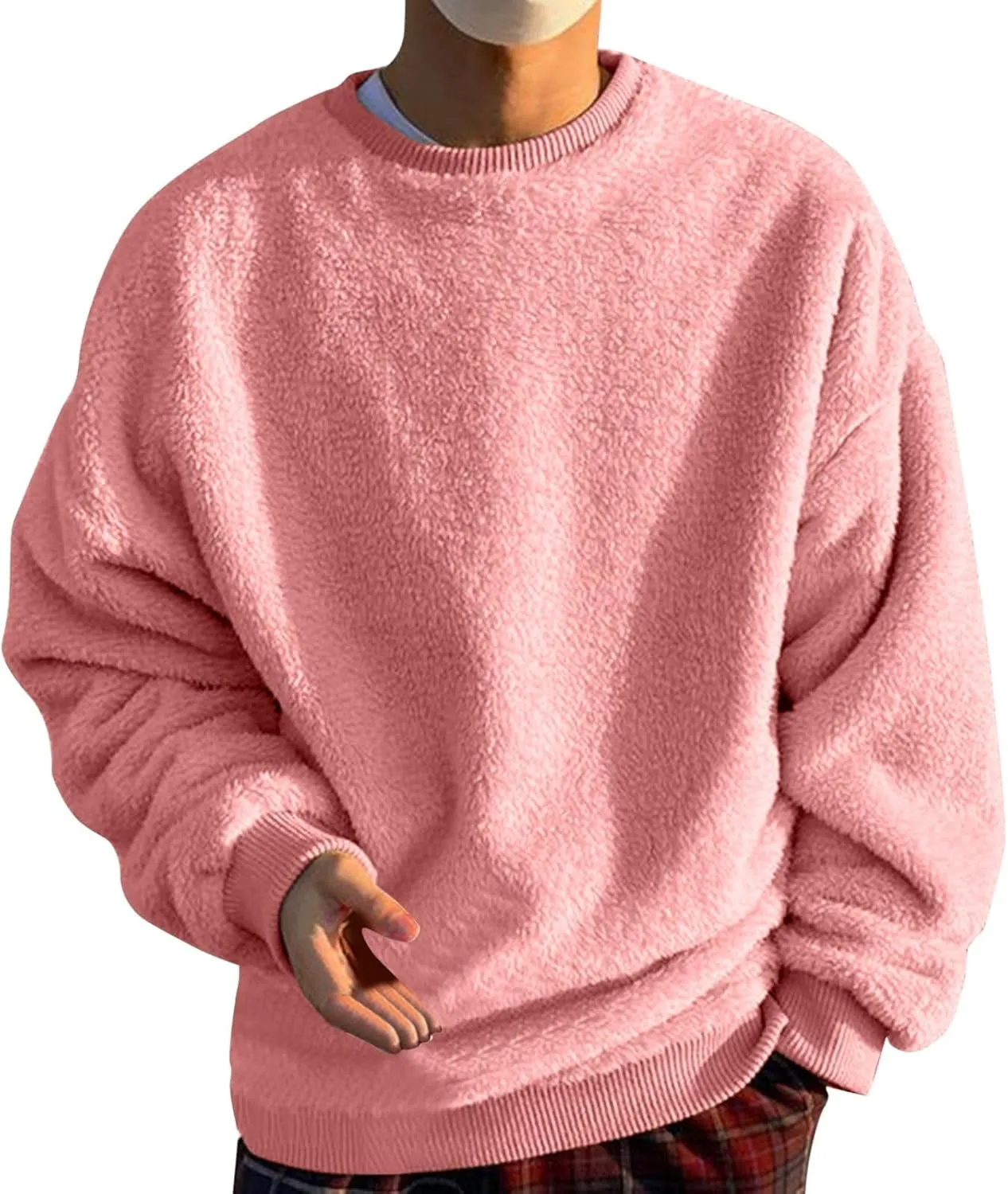 Men Fuzzy Plush Casual Sweatshirt Fleece Sherpa Crewneck Long Sleeve Pullover Winter Solid Color Loose Warm Soft Sweater Tops