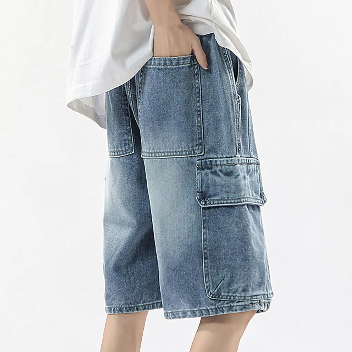 Men Loose Hip Hop Long Jean Shorts Work Denim Shorts with Pockets Skateboard Pants Streetwear Clothes