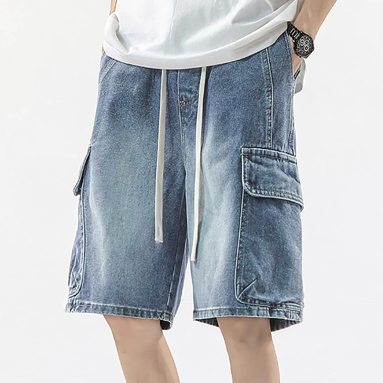 Men Loose Hip Hop Long Jean Shorts Work Denim Shorts with Pockets Skateboard Pants Streetwear Clothes