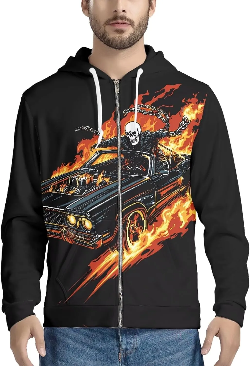 Men Novelty 3D Skull Print Long Sleeve Zip up Hoodies Pullover Sweatshirts with Pocket