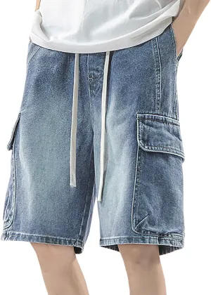 Men Wide Leg Hip Hop Mid Jean Shorts Work Denim Shorts with Pockets Casual 2025 Trendy Streetwear