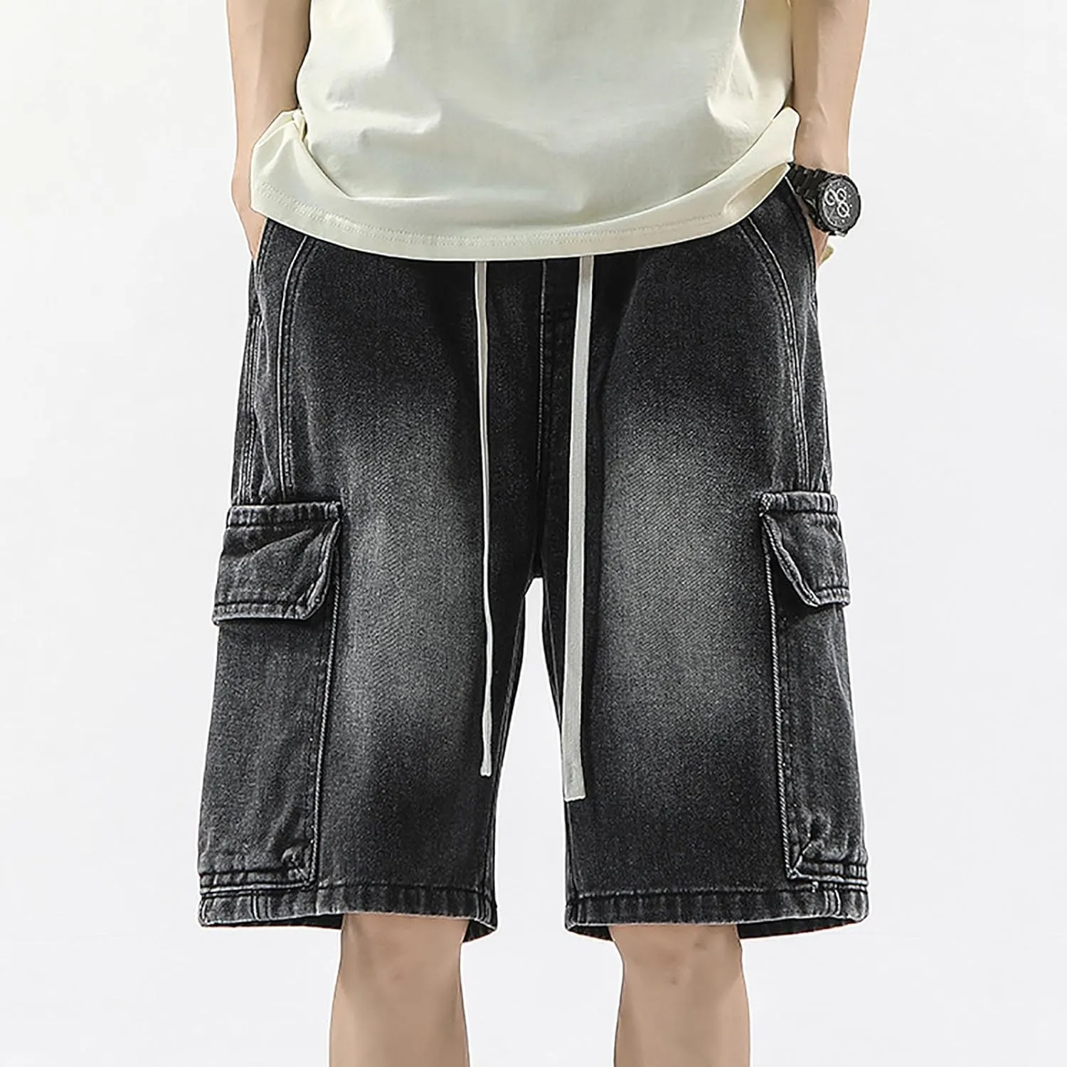 Men Y2K Grunge Baggy Jean Shorts Casual Hip Hop Long Loose Fit Denim Shorts Streetwear with Pockets
