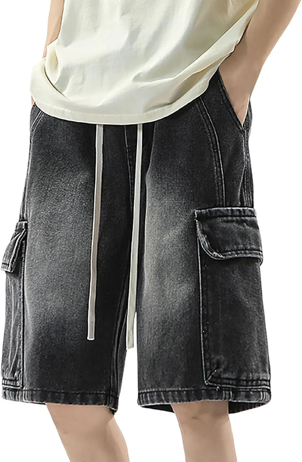 Men Y2K Grunge Baggy Jean Shorts Casual Hip Hop Long Loose Fit Denim Shorts Streetwear with Pockets