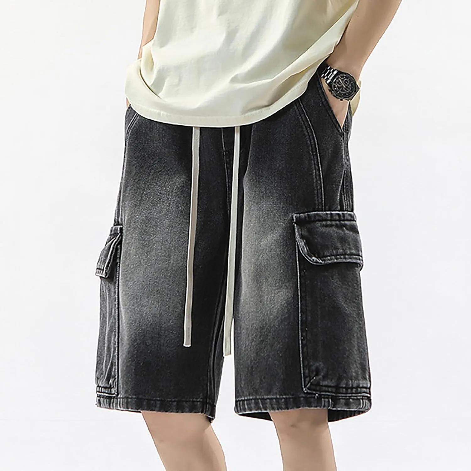 Men Y2K Grunge Baggy Jean Shorts Casual Hip Hop Long Loose Fit Denim Shorts Streetwear with Pockets