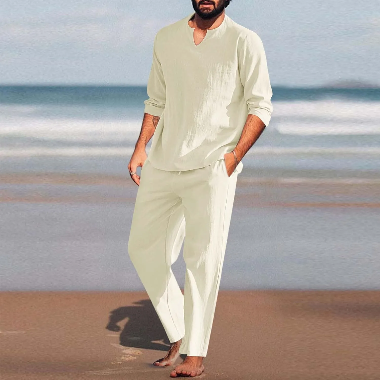 Men's 2 Pieces Cotton Linen Set Long Sleeve Henley Shirts and Casual Beach Pants with Pockets Summer Yoga Outfits Sets