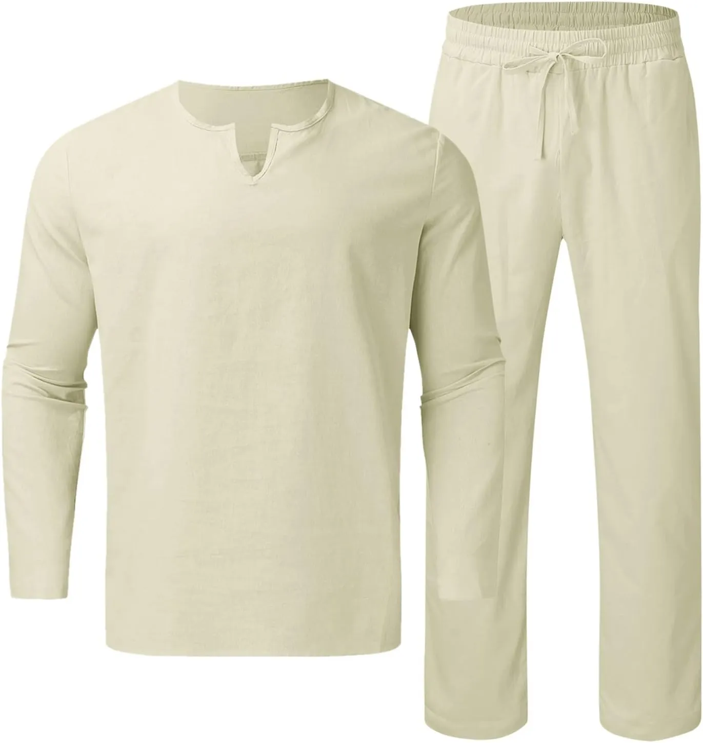 Men's 2 Pieces Cotton Linen Set Long Sleeve Henley Shirts and Casual Beach Pants with Pockets Summer Yoga Outfits Sets
