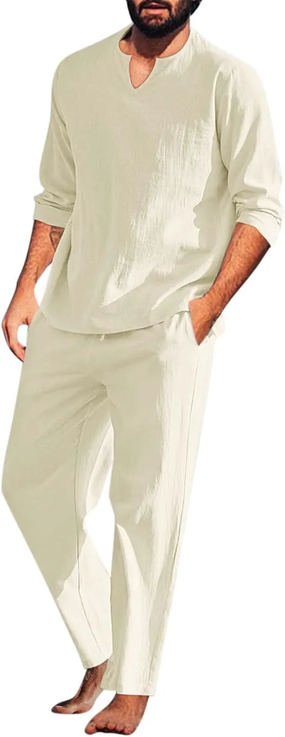 Men's 2 Pieces Cotton Linen Set Long Sleeve Henley Shirts and Casual Beach Pants with Pockets Summer Yoga Outfits Sets