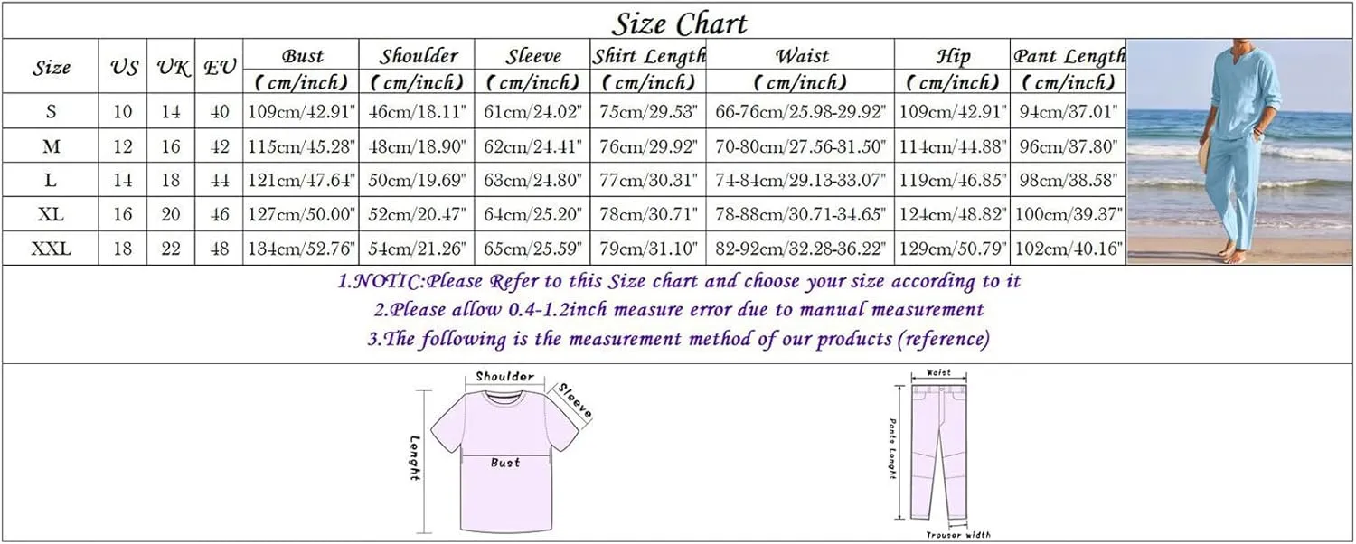 Men's 2 Pieces Cotton Linen Set Long Sleeve Henley Shirts and Casual Beach Pants with Pockets Summer Yoga Outfits Sets