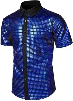 Mens 70s Disco Shiny Sequins Button Down T-Shirt Lapel Collar Sparkle Nightclub Metallic Party Short Sleeve Tops