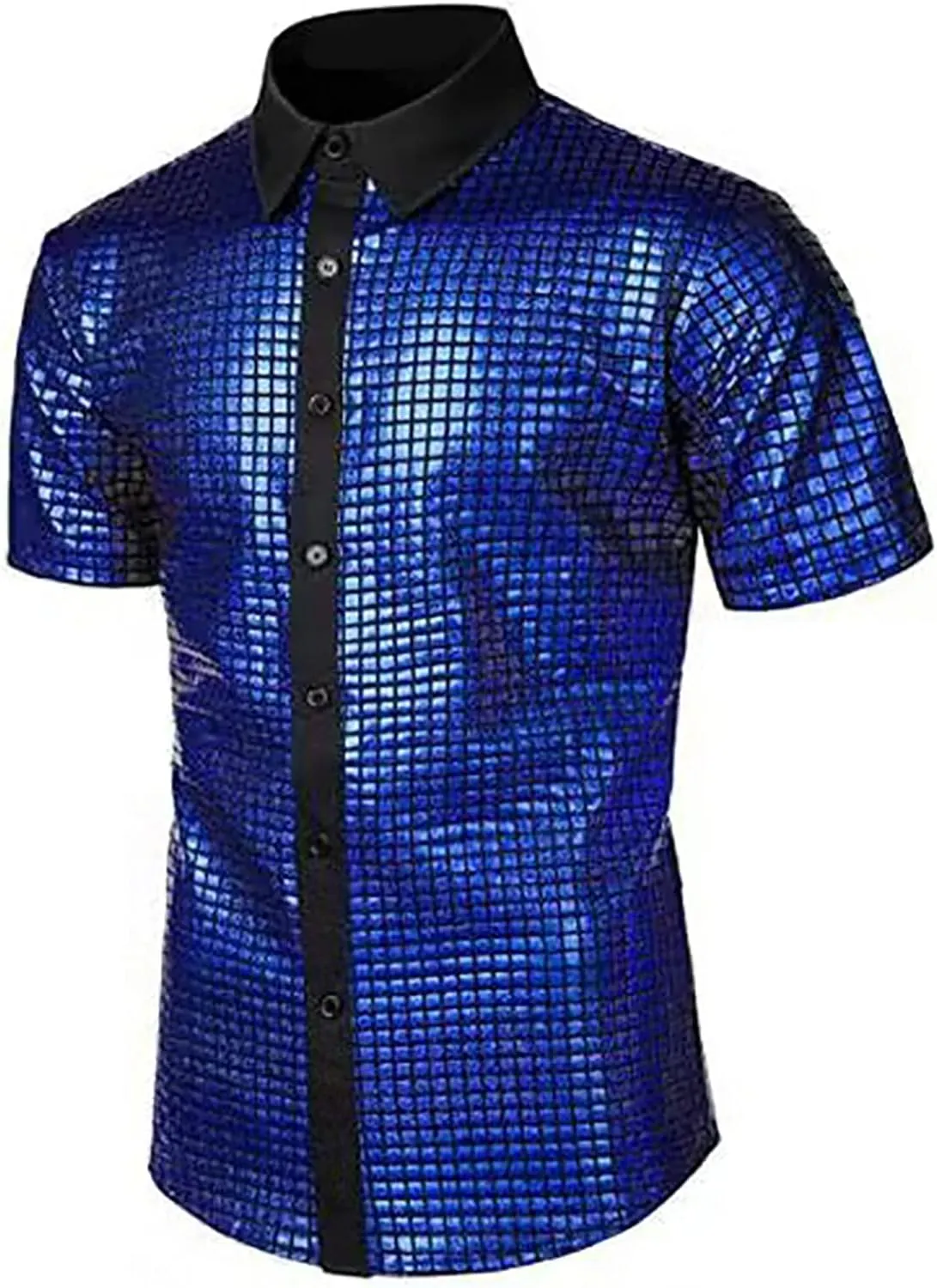 Mens 70s Disco Shiny Sequins Button Down T-Shirt Lapel Collar Sparkle Nightclub Metallic Party Short Sleeve Tops