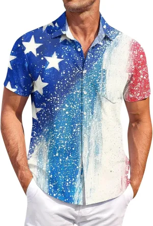 Men's American Flag Print Patriotic Shirt Casual Short Sleeve Hawaiian Button Down Top Summer Vacation Beach Party Blouse