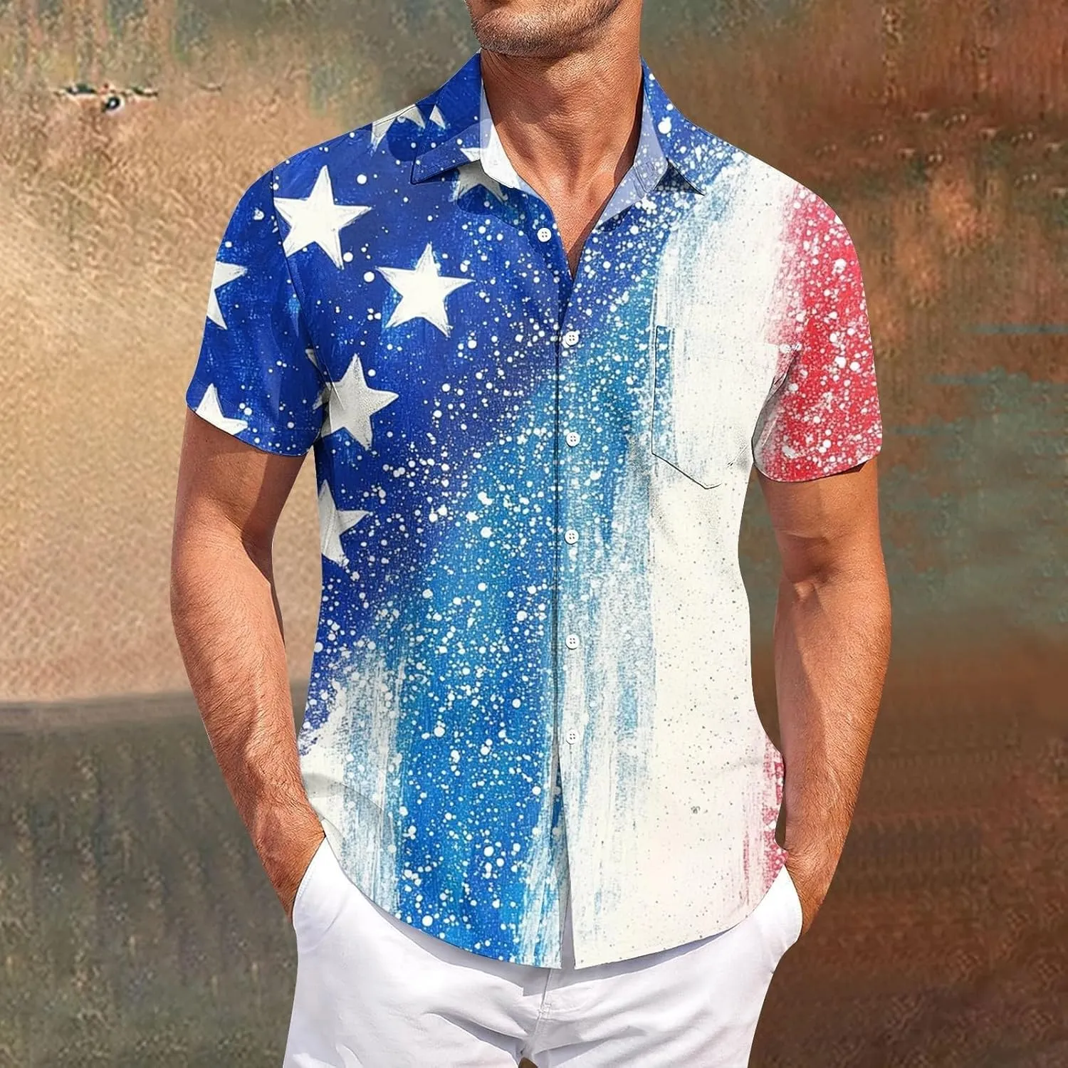 Men's American Flag Print Patriotic Shirt Casual Short Sleeve Hawaiian Button Down Top Summer Vacation Beach Party Blouse