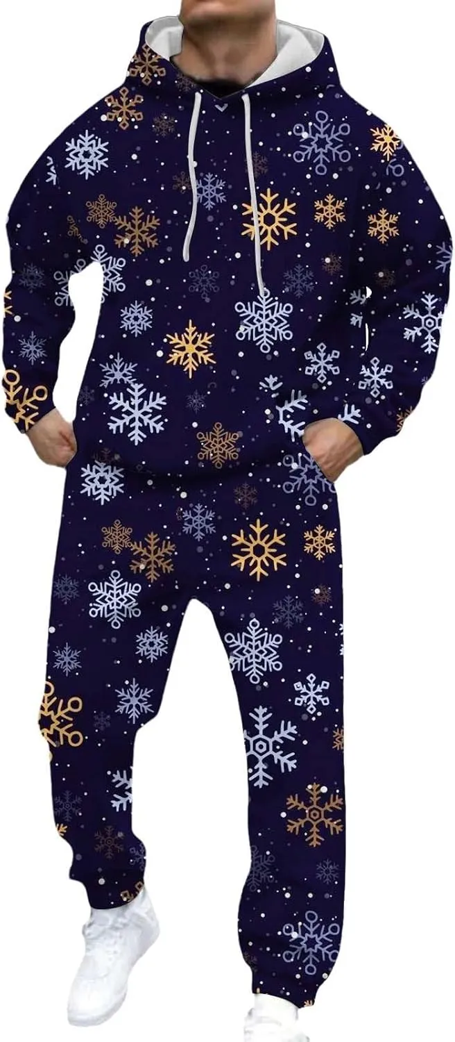 Men's Athletic Hoodie Tracksuit Funny Christmas Tracksuit 2 Piece Funny Reindeer Santa Casual Athletic Jogging Suits