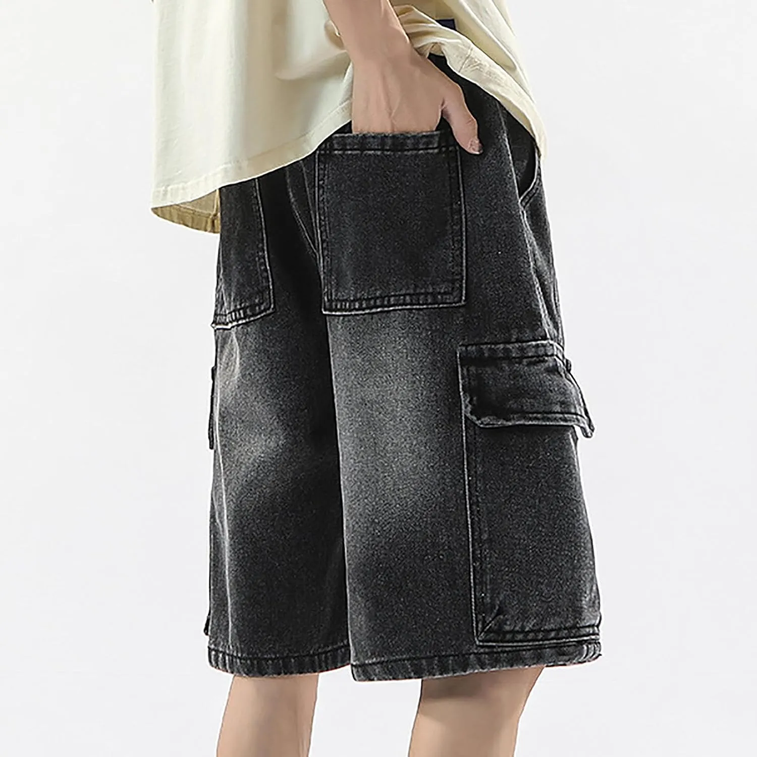 Mens Baggy Denim Jorts Y2K Vintage Loose Fit Hip Hop Jean Shorts Wide Leg Long Jeans Streetwear Clothes