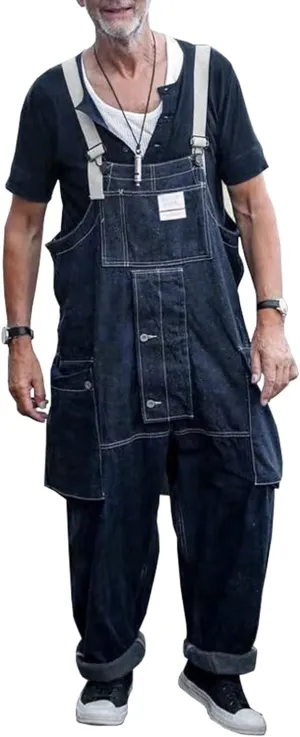 Men's Bib Cotton Overalls Men's Denim Trousers Loose Casual Cargo Pants with Multi-Pocket Zip Fly