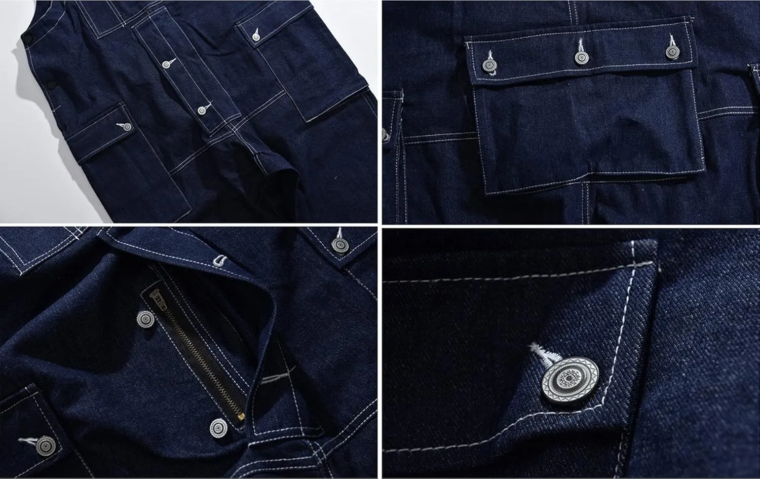 Men's Bib Cotton Overalls Men's Denim Trousers Loose Casual Cargo Pants with Multi-Pocket Zip Fly