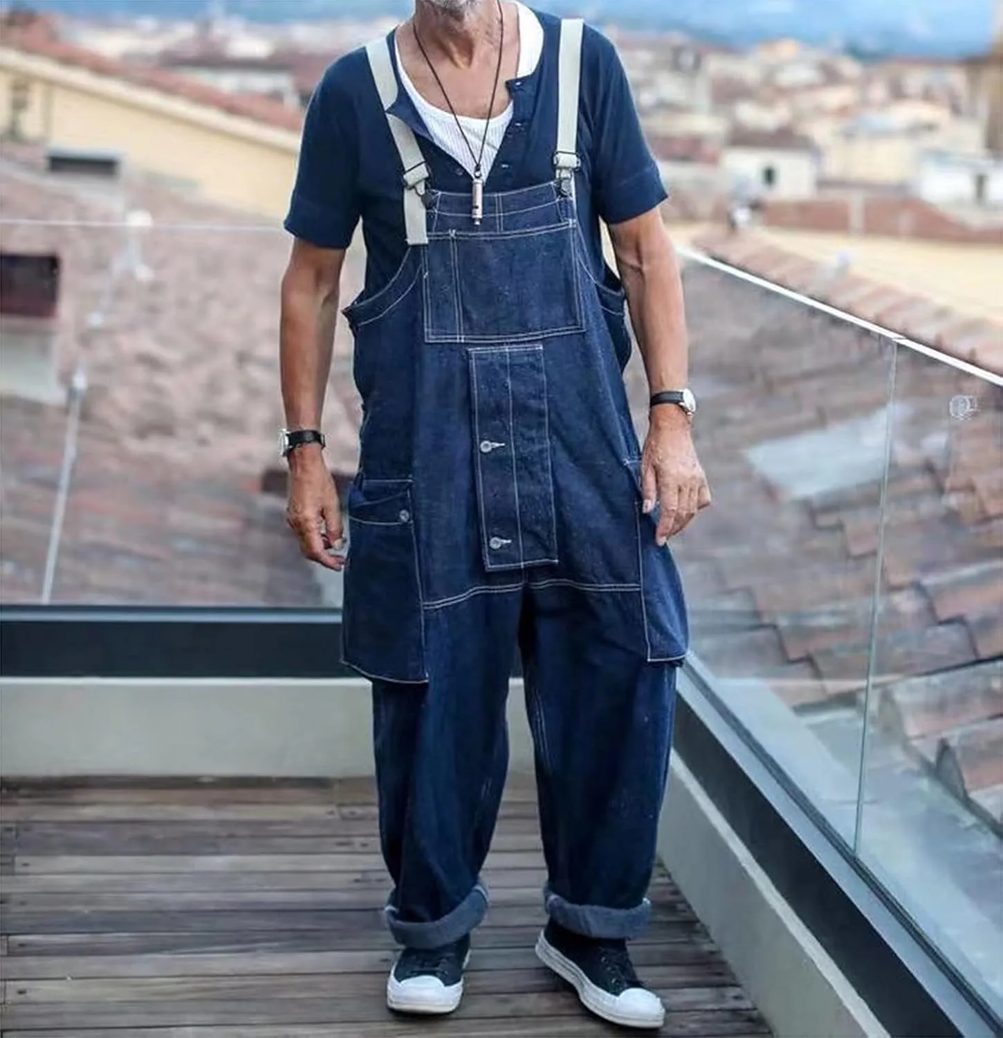 Men's Bib Cotton Overalls Men's Denim Trousers Loose Casual Cargo Pants with Multi-Pocket Zip Fly