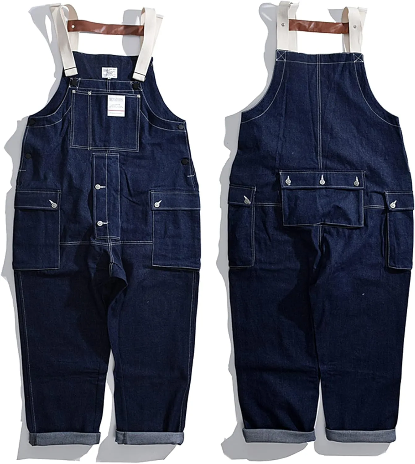 Men's Bib Cotton Overalls Men's Denim Trousers Loose Casual Cargo Pants with Multi-Pocket Zip Fly