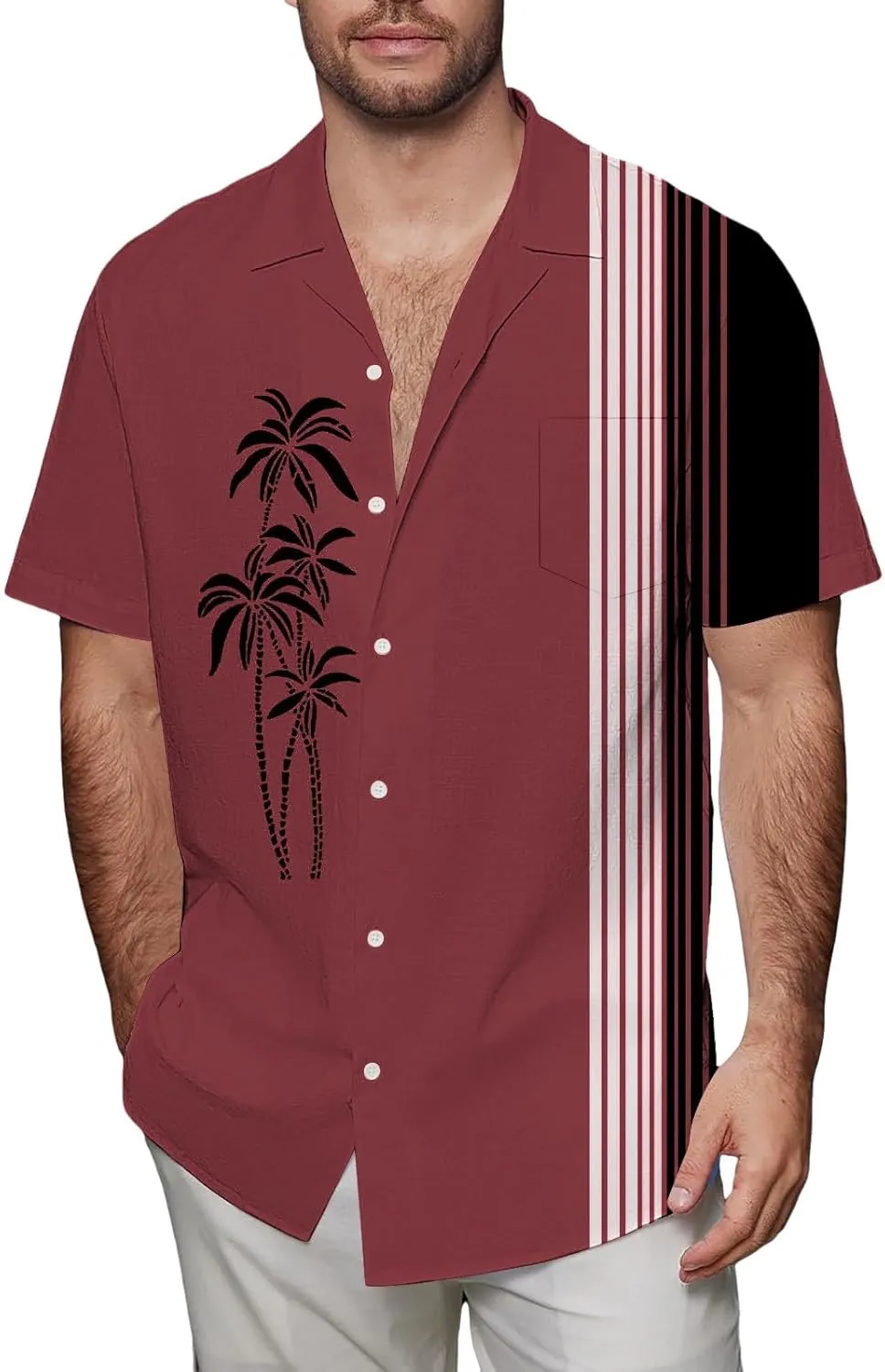 Men's Bowling Shirts Short Sleeve Button Down Dress Top Stylish Thin Breathable Summer Palm Print Beach Hippie Shirts
