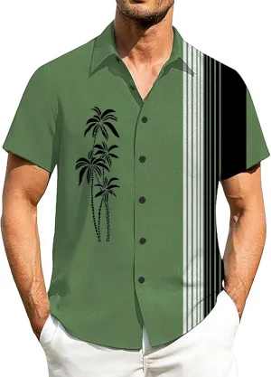 Men's Bowling Shirts Short Sleeve Button Down Dress Top Stylish Thin Breathable Summer Palm Print Beach Hippie Shirts