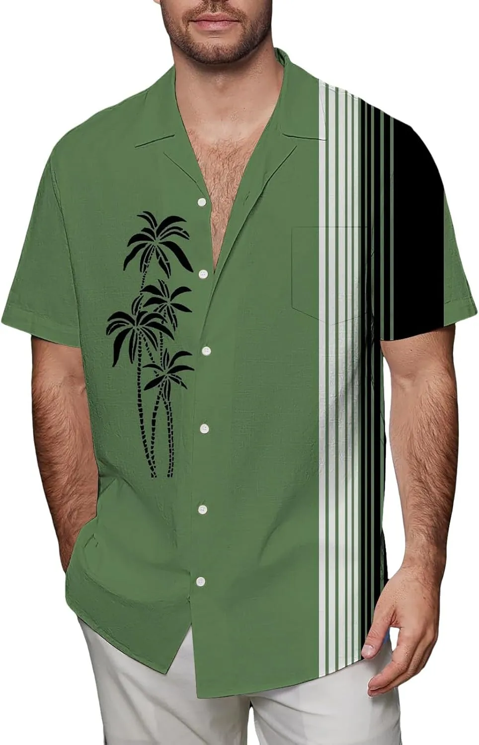 Men's Bowling Shirts Short Sleeve Button Down Dress Top Stylish Thin Breathable Summer Palm Print Beach Hippie Shirts