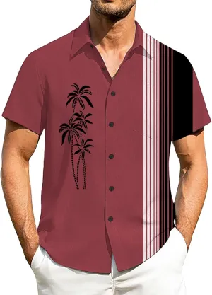 Men's Bowling Shirts Short Sleeve Button Down Dress Top Stylish Thin Breathable Summer Palm Print Beach Hippie Shirts