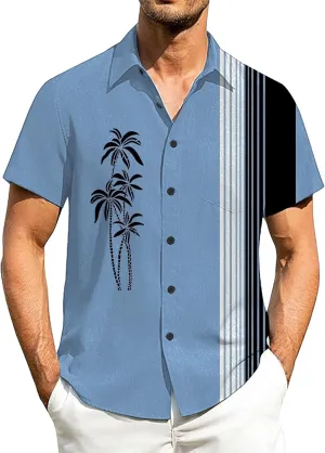 Men's Bowling Shirts Short Sleeve Button Down Dress Top Stylish Thin Breathable Summer Palm Print Beach Hippie Shirts
