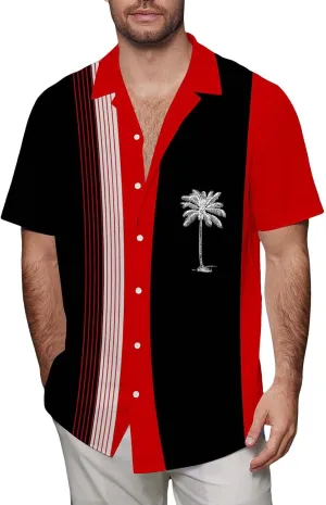 Men's Bowling Shirts Trendy Tropical Palm Hawaiian Beach Aloha Shirt Quick Dry Breathable Summer Casual Striped Blouse